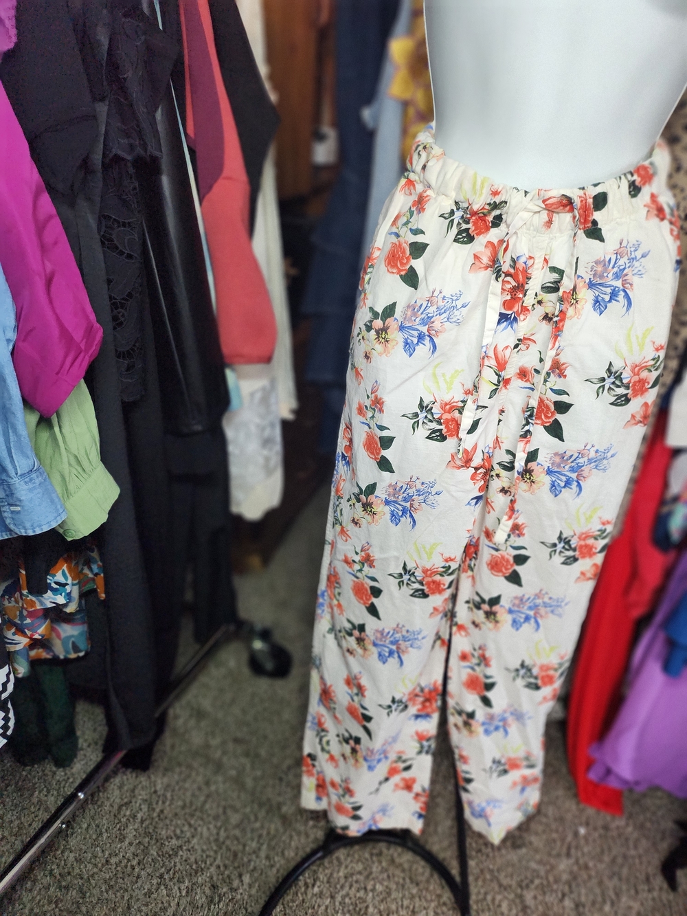 Essentials Cream Floral Wide-Leg Pants with Elastic Waist